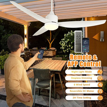 Depuley Outdoor Ceiling Fan with Light: 52 Inch Waterproof Gazebo Fans with Lights Outdoor Hanging - Plug in Remote App Control for Patio Indoor Farmhouse Porch - White 6 Speed Reversible DC Motor