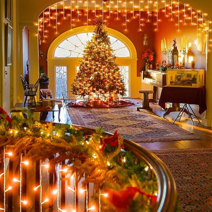 66ft Orange Halloween Lights Outdoor, 640LED Icicle Lights for Outside Indoor Twinkle Christmas Light with Connectable Clear Wire 8 Modes Timer Waterproof for House Party Tree Holiday Yard Patio Decor