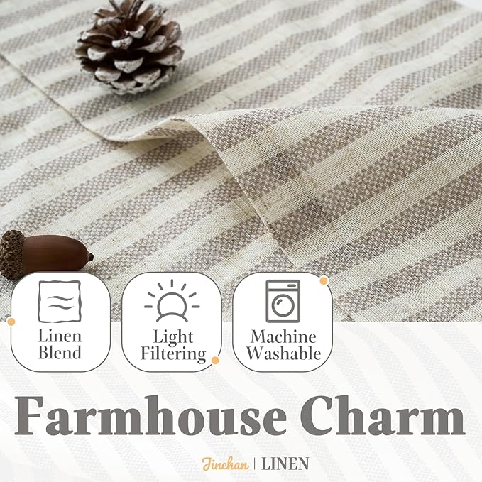 jinchan Striped Linen Kitchen Curtains with Attached Valance 36 Inch Length Cafe Tier Curtains for Living Room Rustic Half Window Light Filtering Rod Pocket Small Drapes 2 Panels Taupe Grey