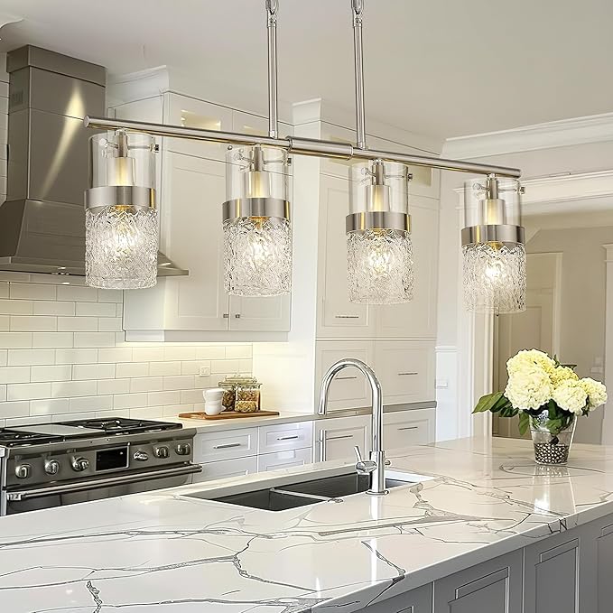 LMS 4-Light Brushed Nickel Island Chandelier Lights for Kitchen, Mid Century Pendant Light with Hammered Glass Shade, Farmhouse Dining Room Light Fixture, Kitchen Island, LMS-171BN-4