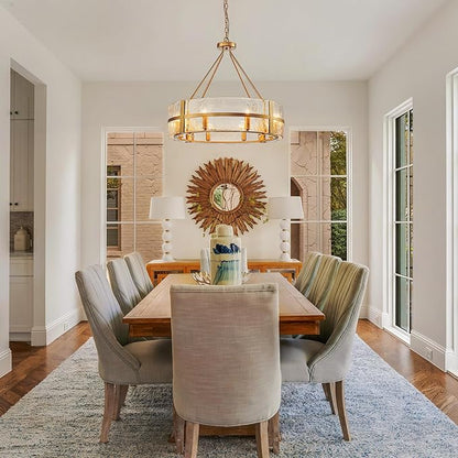 Gold Glass Chandelier for Dining Room, 28" Modern Large Glass Drum Chandelier Entryway Light Fixture, Farmhouse Hanging Pendant Light for High Ceiling Foyer Living Room Kitchen