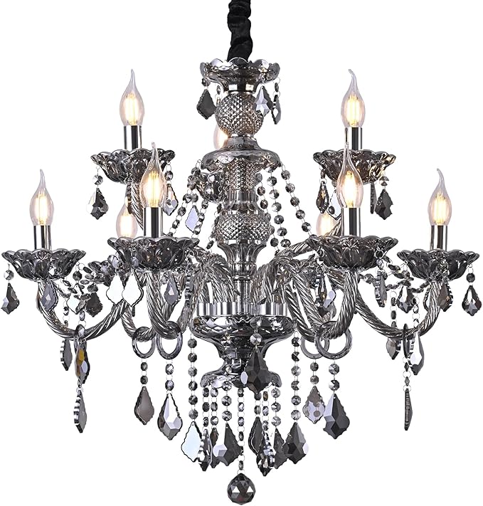 Luxury Crystal Chandelier Smoke Gray,Double Layer K9 Crystal Chandelier Light Fixtures 9-Light Candle Style Crystal Ceiling Light Lamp for Dining Living Room Bedroom