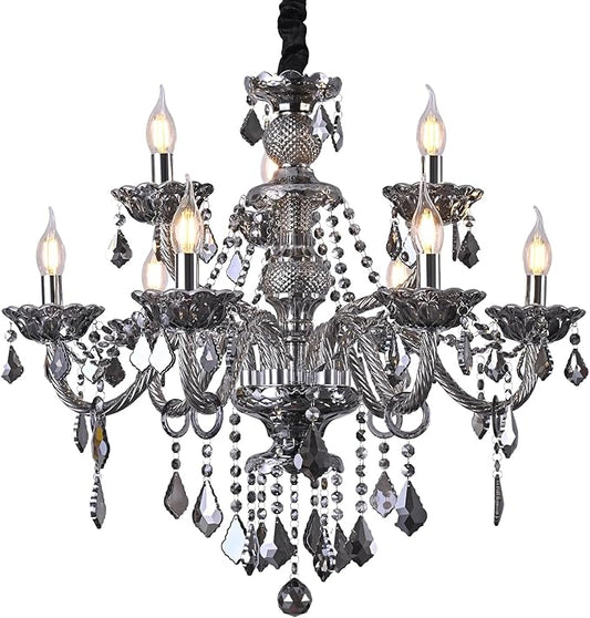 Luxury Crystal Chandelier Smoke Gray,Double Layer K9 Crystal Chandelier Light Fixtures 9-Light Candle Style Crystal Ceiling Light Lamp for Dining Living Room Bedroom
