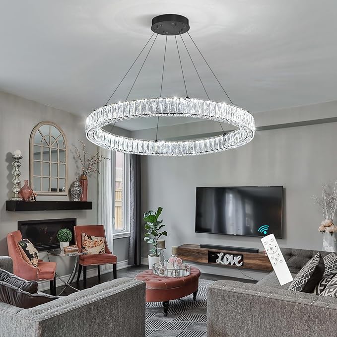HAIXIANG Modern Crystal Chandelier Dimmable LED Ring Pendant Chandeliers Light Adjustable Glam Hanging Lighting Fixtures for Dining Room Living Room Bedroom Black Light