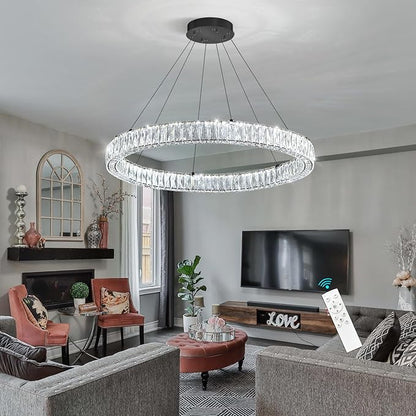 HAIXIANG Modern Crystal Chandelier Dimmable LED Ring Pendant Chandeliers Light Adjustable Glam Hanging Lighting Fixtures for Dining Room Living Room Bedroom Black Light