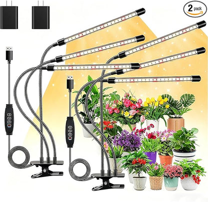 Full Spectrum LED Grow Light for Indoor Plants, 3Heads Grow Lights for Seed Starting, 10 Dimmable Levels & 3 Timer Modes (3/9/12H), Adjustable 360° Gooseneck with Clip, Plant Grow Light 2 Pack