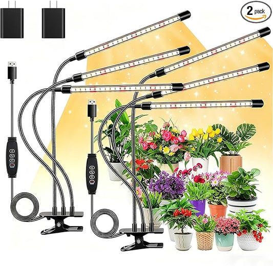 Full Spectrum LED Grow Light for Indoor Plants, 3Heads Grow Lights for Seed Starting, 10 Dimmable Levels & 3 Timer Modes (3/9/12H), Adjustable 360° Gooseneck with Clip, Plant Grow Light 2 Pack