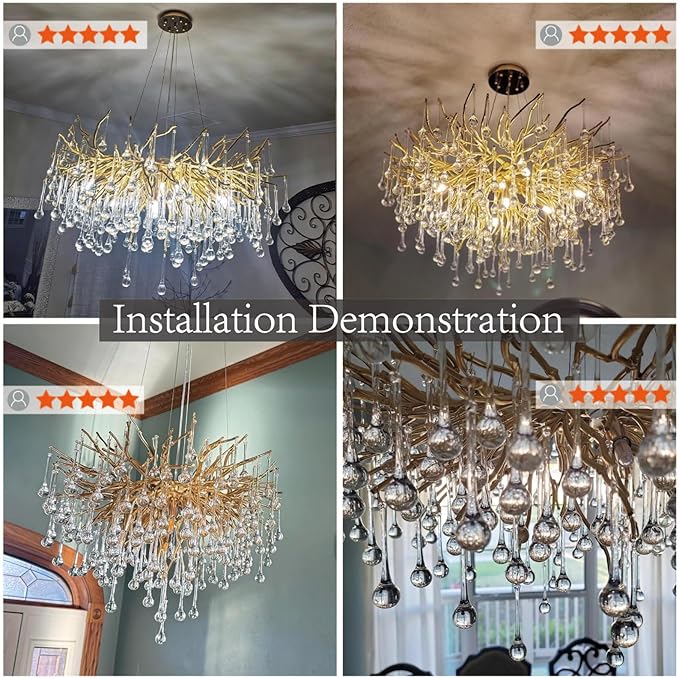 Crystal Chandeliers for Dining Room, 24inch Modern Gold Chandelier, 8-Light Round Tree Branch Chandelier, Raindrop Ceiling Pendant Hanging Light Fixtures for Living Room, Bedroom, Kitchen Island