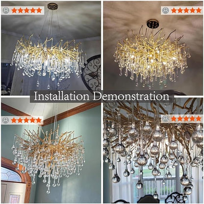 Gold Chandelier 24inch, Modern Crystal Chandeliers for Dining Room, Round Tree Branch Chandelier Ceiling Hanging Light Fixtures for Living Room,Bedrooms,Kitchen 8-Light