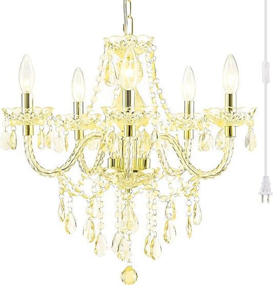 PAPAYA Plug-in 5 Light Gold Crystal Hanging Pendant Lights Acrylic Chandelier with Cord & On/Off Switch H19 D19.7 for Kitchen Island Girls' Room Dining Area Laundry Pavilion