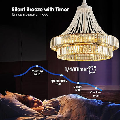 24“ Crystal Ceiling Fan with Lights, Modern Caged Fandelier with Remote & App Control, 6-Speed Reversible DC Motor, 8-Lights Chandelier Fan Double Layer for Bedroom, Living Room (White Gold)