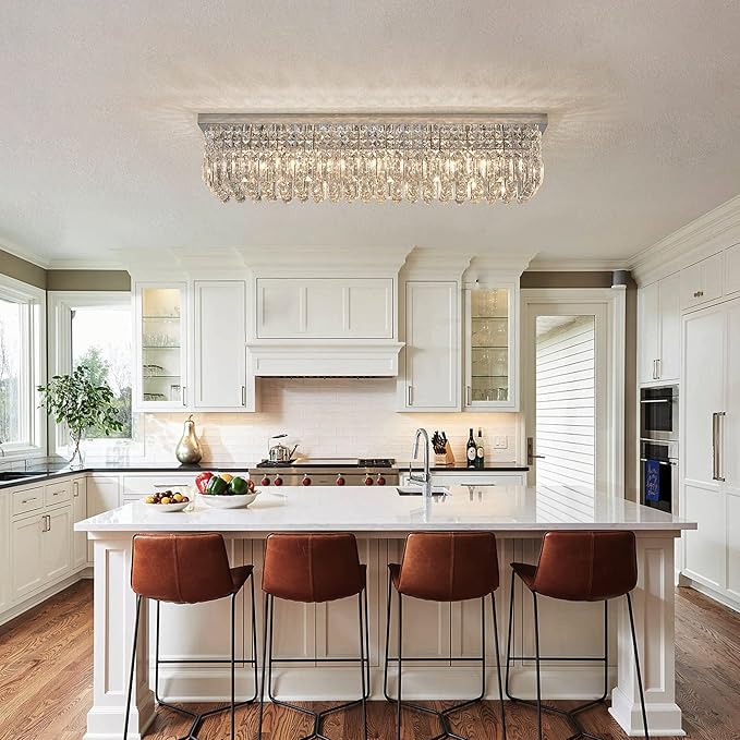 7PM Chandeliers for Dining Room, Crystal Ceiling Light Rectangle Crystal Chandelier Flush Mount for Living Room 40"x10"x10"