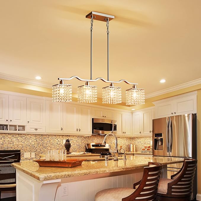 WUZUPS Crystal Chandelier 4-Light Linear Raindrop Pendant Ceiling Light Modern Lighting Fixture for Bedroom Dinning Room Bar Kitchen Island, H8.7'' W4.7'' L30.5, E12 Base, Nickel
