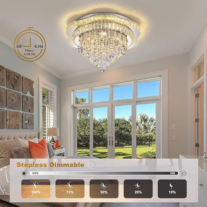 Silver 24" Modern Flush Mount Chandelier for Living Room, LED Crystal Ceiling Light for Bedroom,Elegant Dining Room Lighting Fixture with Remote Control, 3CCT Dimmable