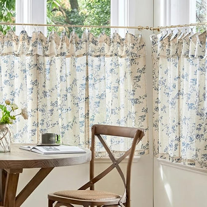 jinchan Floral Linen Kitchen Curtains with Attached Valance 36 Inch Length Farmhouse Cafe Tier Curtains for Living Room Bathroom Rustic Half Window Light Filtering Small Drapes 2 Panels Blue