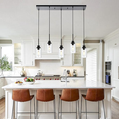 MELUCEE Black Pendant Lights for Kitchen Island, 5-Light Dining Room Light Fixtures Linear Chandeliers with Clear Glass Shade, DIY Hanging Lamp Ceiling for Dining Room Kitchen Bar