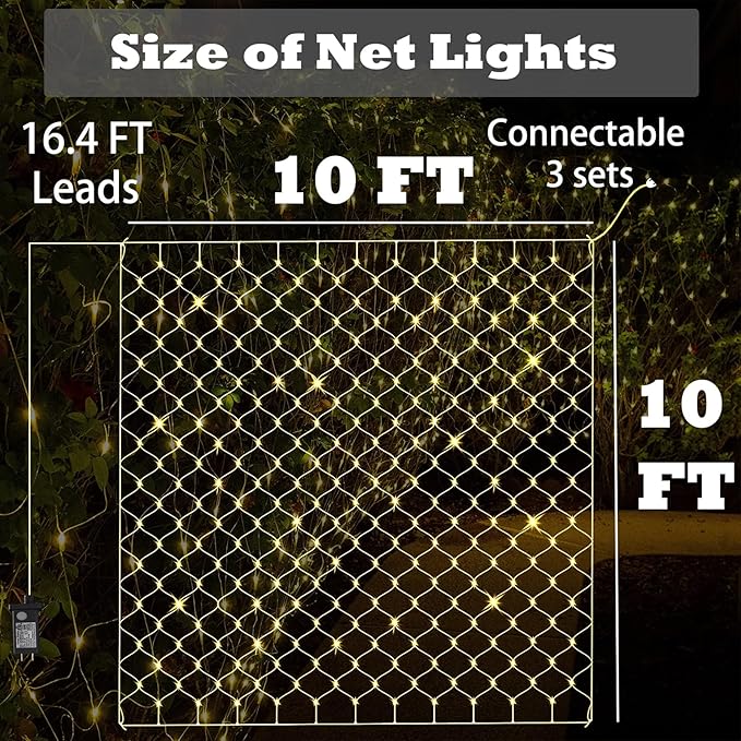 Leisure world 10ft x 10ft 270 LED Net Lights Mesh Fairy String Decorative Outdoor Warm White 8 Modes Net with Remote, Timer for Wedding Christmas Trees, Bushes, Garden, Outdoor Decorations