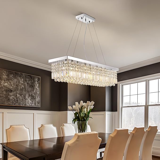 Crystal Chandelier for Dining Room,8-Light Modern Chandeliers,K9 Crystal Rectangle Chandelier,Farmhouse Pendant Light Fixture for Kitchen Island Bar Bedroom L40 x W10 x H10