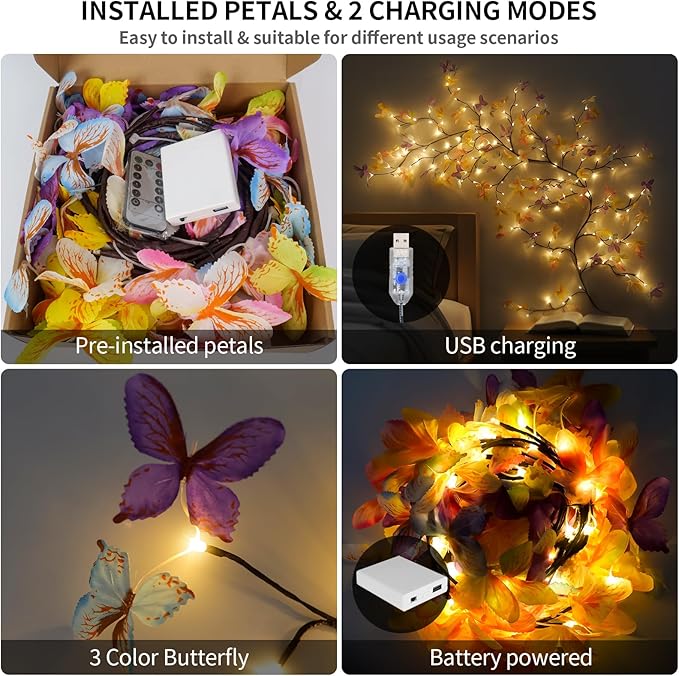FNHMSL Butterfly Enchanted Willow Vine Lights, 4FT 48LED 3 Color Butterfly Blossom Tree Branch Lights for Wall with USB Battery Box, Remote Timer,8 Light Model, Bedroom Wall Doors Wedding, Christmas