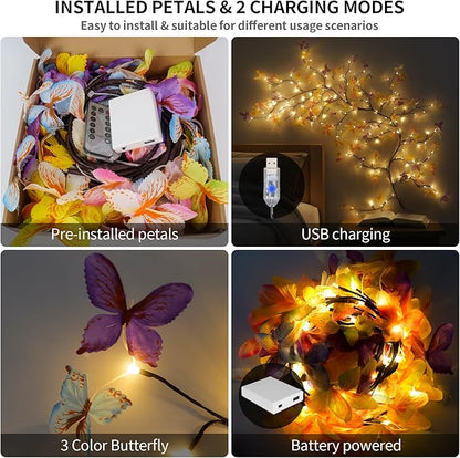 FNHMSL Butterfly Enchanted Willow Vine Lights, 4FT 48LED 3 Color Butterfly Blossom Tree Branch Lights for Wall with USB Battery Box, Remote Timer,8 Light Model, Bedroom Wall Doors Wedding, Christmas