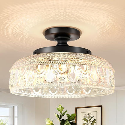 Lamomo Semi Flush Mount Ceiling Light, Upgraded Larger 12 Inch Black Hallway Light Fixture, 3 Light Globe Glass Close to Ceiling Light, Indoor Hanging Light for Bedroom Kitchen Porch Hallway