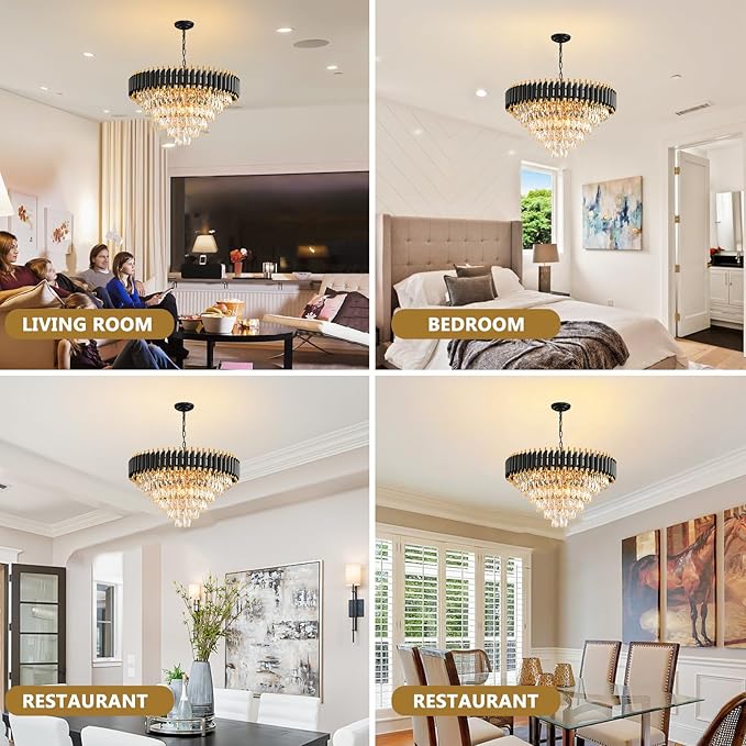 Modern Crystal Chandeliers for Dining Room Living Room 15-Light Black and Gold Chandelier Round 6 Tiers Large Contemporary Pendant Ceiling Hanging Light Fixture for Entryway Foyer Staircase W29”