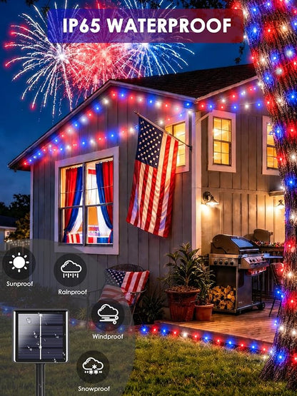 4th of July Decorations Outdoor, 4pk Red White and Blue Solar String Lights, 8 Modes 400LED 132FT Solar Fairy Twinkle Lights Waterproof for Independence Day Garden Tree 250 Anniversary USA Decoration