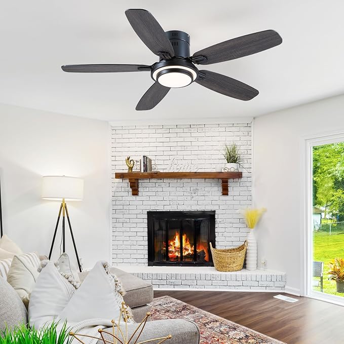 Hounberi 50 Inch Low Profile Ceiling Fans with Lights and Remote, Modern Flush Mount Black Ceiling Fan, 3CCT, Dimmable, Quiet DC Reversible Motor, for Bedroom Living Room Indoor/Outdoor Use