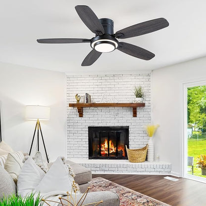 Hounberi 50 Inch Low Profile Ceiling Fans with Lights and Remote, Modern Flush Mount Black Ceiling Fan, 3CCT, Dimmable, Quiet DC Reversible Motor, for Bedroom Living Room Indoor/Outdoor Use