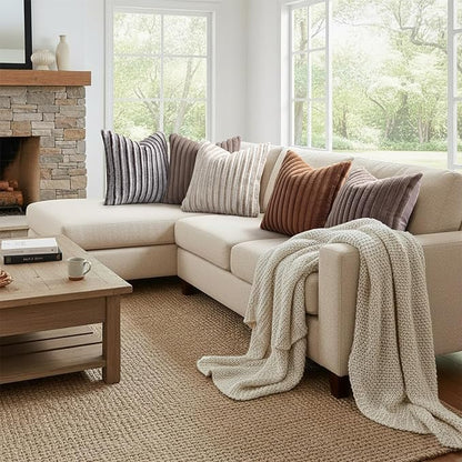 decorUhome Summer Cozy Faux Fur Throw Pillow Covers 20x20 Set of 2 Decorative Soft Plush Striped Modern Farmhouse Boho Couch Pillow Cases with Velvet Back for Sofa Bed Living Room, Beige White