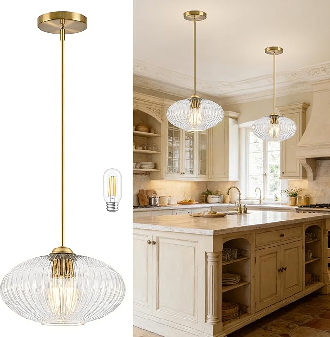 10" Clear Glass Modern Pendant Light Kitchen Island Brushed Gold Mid Century Modern Pendant Lighting with Clear Glass Hanging Pendant Light for Dining Room（Bulb Incl.）