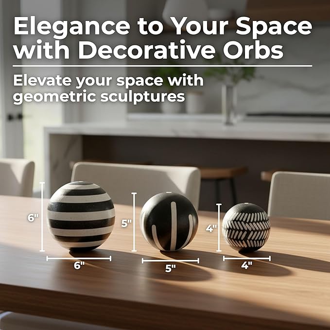 Patterned Ceramic Orbs for Home Decor Styling - Geometric Sculpture for Bathroom, Office, and Living Room Centerpiece - Ornaments Accent for Coffee Table Display - Set of 3, 6", 5", 4", Black & White