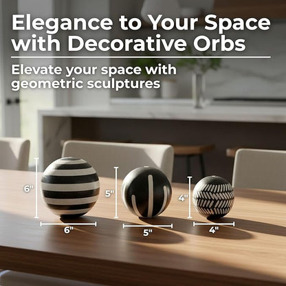 Patterned Ceramic Orbs for Home Decor Styling - Geometric Sculpture for Bathroom, Office, and Living Room Centerpiece - Ornaments Accent for Coffee Table Display - Set of 3, 6", 5", 4", Black & White
