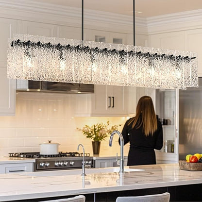 4FT Long Chandelier for Dining Room - Black Dining Room Light Fixture Linear Crystal Design with Water Ripple Glass & Large Rectangle & 6pcs MAX 60W E26 Bulbs