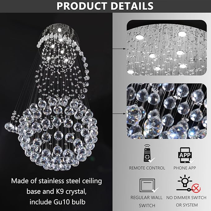 D24'' x H78'' Crystal Chandelier for Entryway High Ceiling Chandeliers Glam Chandelier Modern Large Raindrop Chandeliers LED Dimmable Light Fixtures for Staircaes Foyer Living Room
