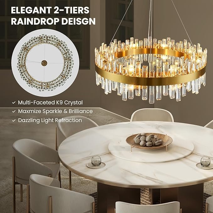 16-Light Modern Crystal Chandelier, Large Gold Round 2-Tiers K9 Crystal Chandelier, Luxury Flush Mount Crystal Pendant Ceiling Light for Dining Living Room Entryway Foyer D31.5''