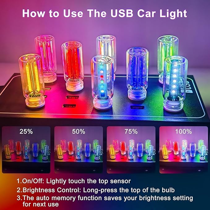 8 Packs USB Light for Car, Touch Dimmable Car Interior Ambient Lights - Portable Mini USB LED Light Bulb, Retro Glass Bottle Night Light for Vehicle, Bedroom, Hallway, Camping (Multicolor)
