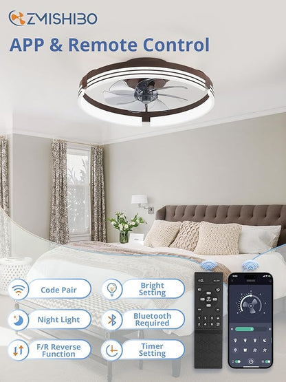 ZMISHIBO Low Profile Ceiling Fans with Lights and Remote, 20 Inch Flush Mount Ceiling Fan with Light, 3000K-6000K Dimmable Fandelier LED Fan Light, 6 Wind Speeds Brown Ceiling Fans for Bedroom