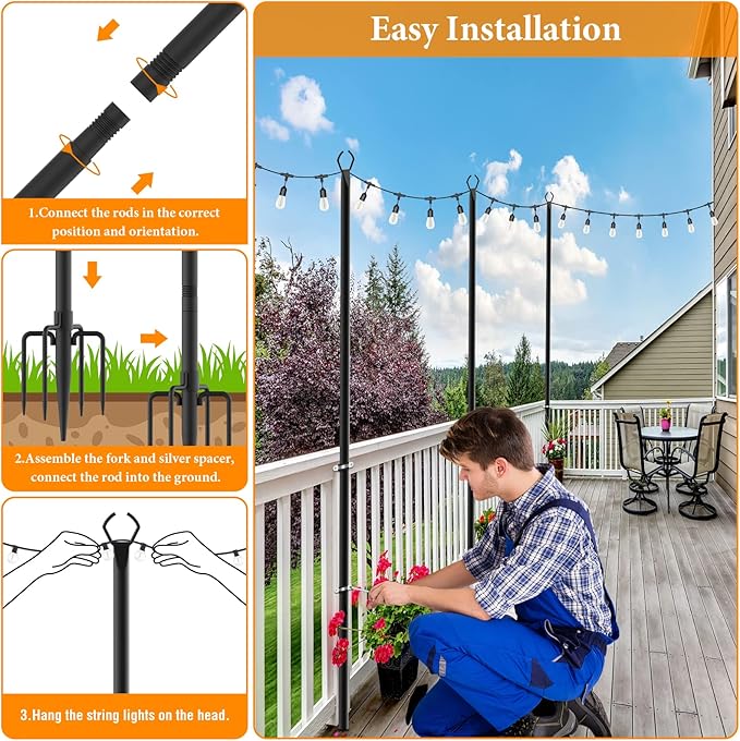 Mutovlin 8 Pack String Light Poles,10 Ft Light Poles for Outside String Lights,Outdoor Lights Pole with Fork,Metal Poles Stand for Patio Deck Backyard (10FT 4 Pack)