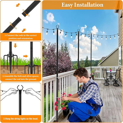 Mutovlin 8 Pack String Light Poles,10 Ft Light Poles for Outside String Lights,Outdoor Lights Pole with Fork,Metal Poles Stand for Patio Deck Backyard (10FT 4 Pack)