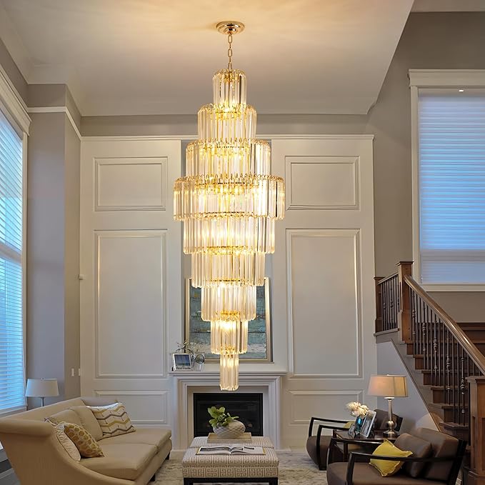 Luxury Modern Gold 9-Tier Crystal Chandelier for High Ceiling Foyer Staircase Large Entryway Light Fixture Dia23.7 20 Lights