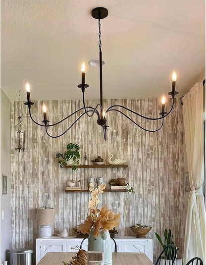Kira Home Archer 47" 6-Light Large Farmhouse Black Chandelier, Modern Black Ceiling Fixture with Elegant Curved Swoop Arms, Black Finish