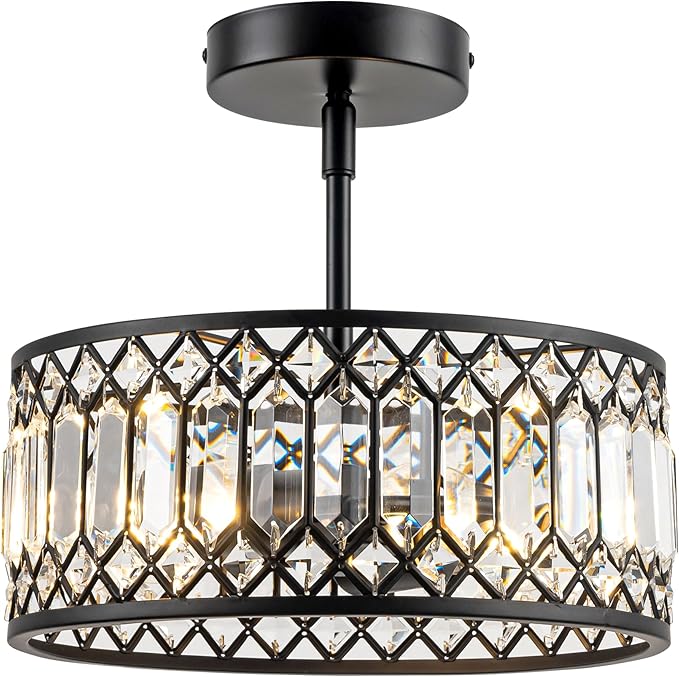 Rpzloila 3-Light Crystal Ceiling Light, Modern Semi Flush Mount Light Fixture, Black Crystal Chandelier for Kitchen Bedroom Bathroom Entryway Hallway