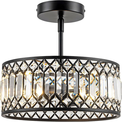 Rpzloila 3-Light Crystal Ceiling Light, Modern Semi Flush Mount Light Fixture, Black Crystal Chandelier for Kitchen Bedroom Bathroom Entryway Hallway