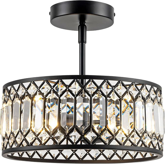 Rpzloila 3-Light Crystal Ceiling Light, Modern Semi Flush Mount Light Fixture, Black Crystal Chandelier for Kitchen Bedroom Bathroom Entryway Hallway