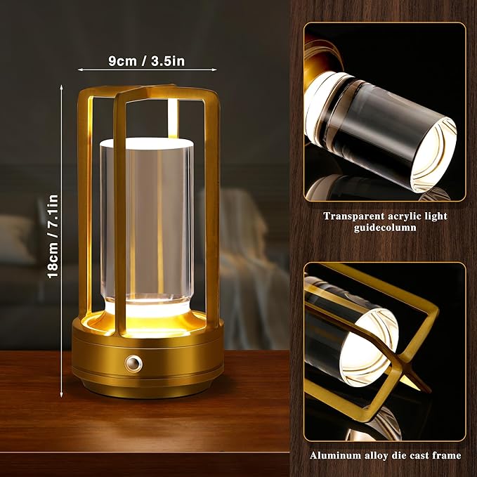Anxingtools Portable Metal Table Lamp, Cordless Table Lamp, Rechargeable Battery Powered Portable LED Desk Lamp, 3 Color Stepless Dimming Touch, for Bedroom Restaurant Home Outdoor (2 Set of Gold)