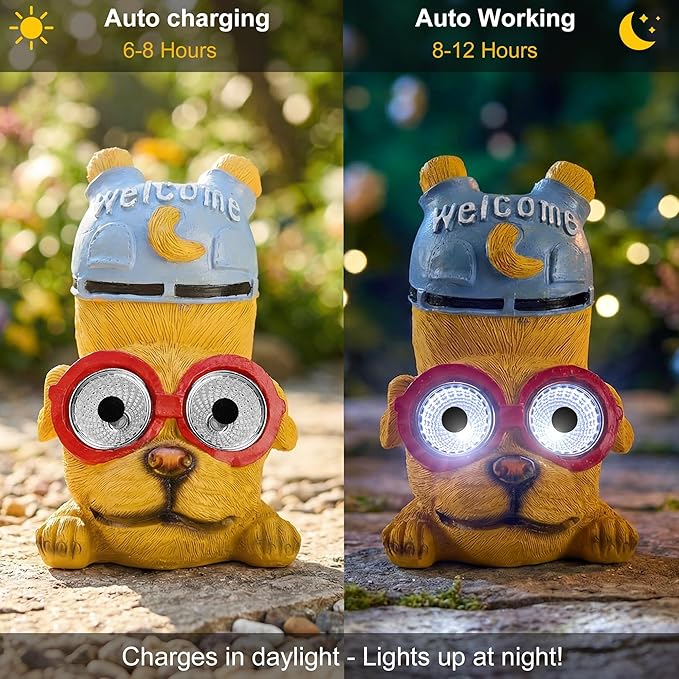 pearlstar 3 Pack Solar Lights Outdoor Garden Statues Resin Animal with Welcome Sign, Cat Dog Pig Solar Figurines LED Lights Waterproof Outside Decor for Patio Yard, Mothers Day Gifts for Mom Grandma