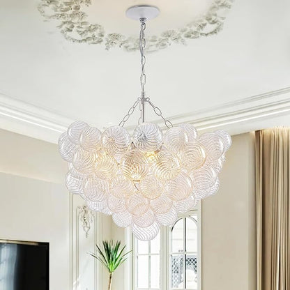 Hand Blown Glass Bubble Ball Chandelier White Finish 24" Pendant Light Fixture Art Deco Cluster Swirled Ribbed Glass Globe Lighting for Bedroom Dining Room Bedroom Bathroom Entry