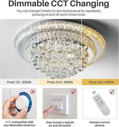 Miuyhji Elegant LED Crystal Raindrop Ceiling Light, 24" Flush Mount Chandelier Light Fixture with Remote Control for Living Room, Kitchen, Island, Bedroom, Hallway Entryway Foyer(Dimmable)
