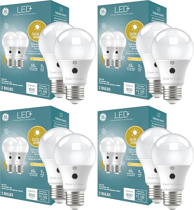 GE LED+ A19 Dusk to Dawn LED Light Bulbs, Automatic On/Off Outdoor Security Light, Soft White (8 Pack)